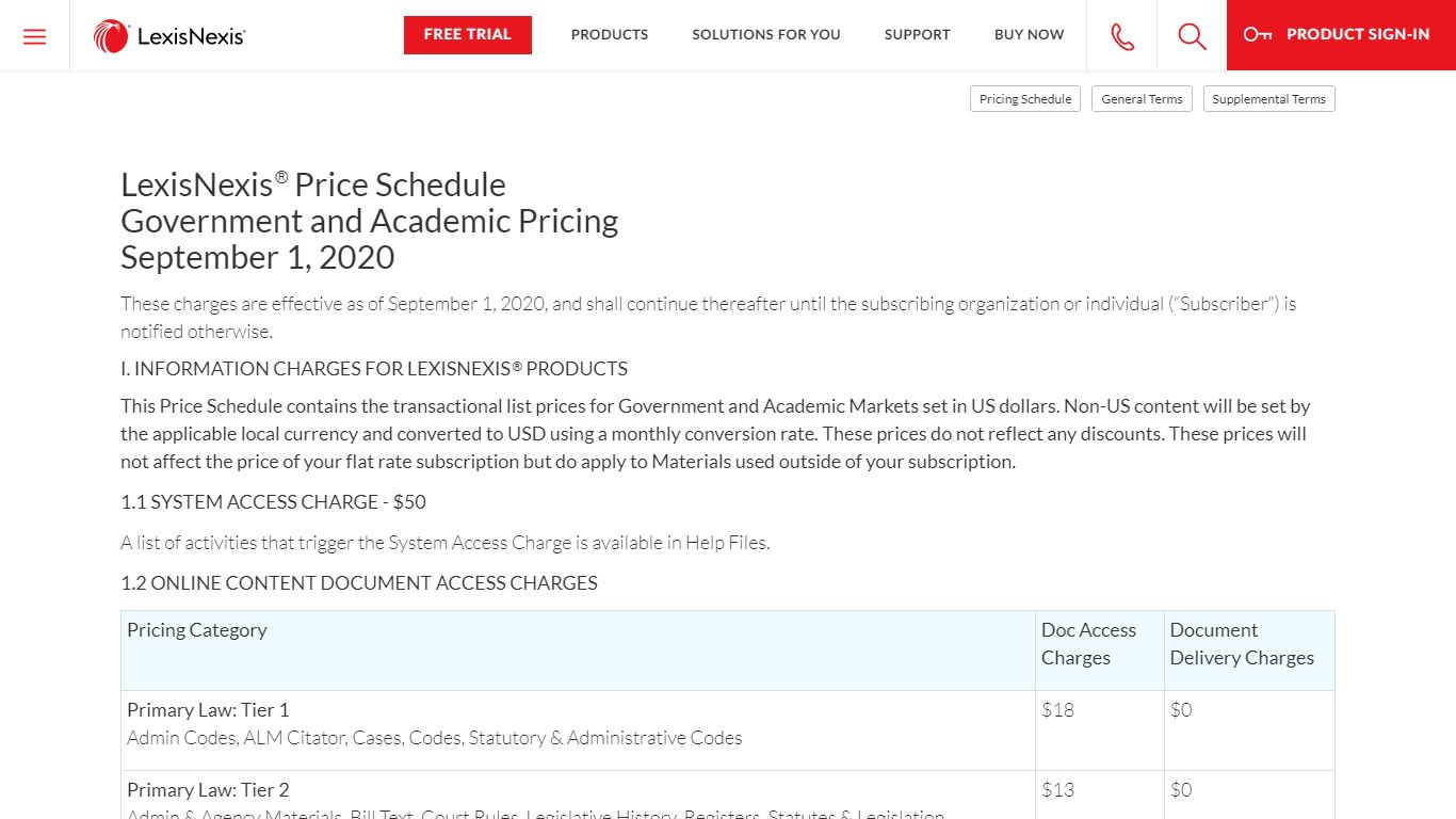 LexisNexis Corporate Legal Search Price Schedule